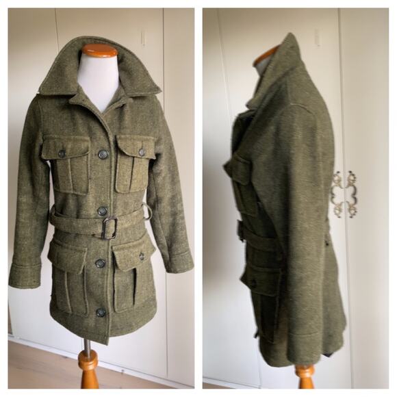 Vintage Wool Military Style Womens Olive Green Coat SZ XS Belted Gopcore Utility - Picture 4 of 11